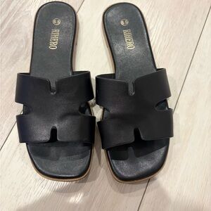 Black Slide Sandals for Women — Smooth Cutout Strap